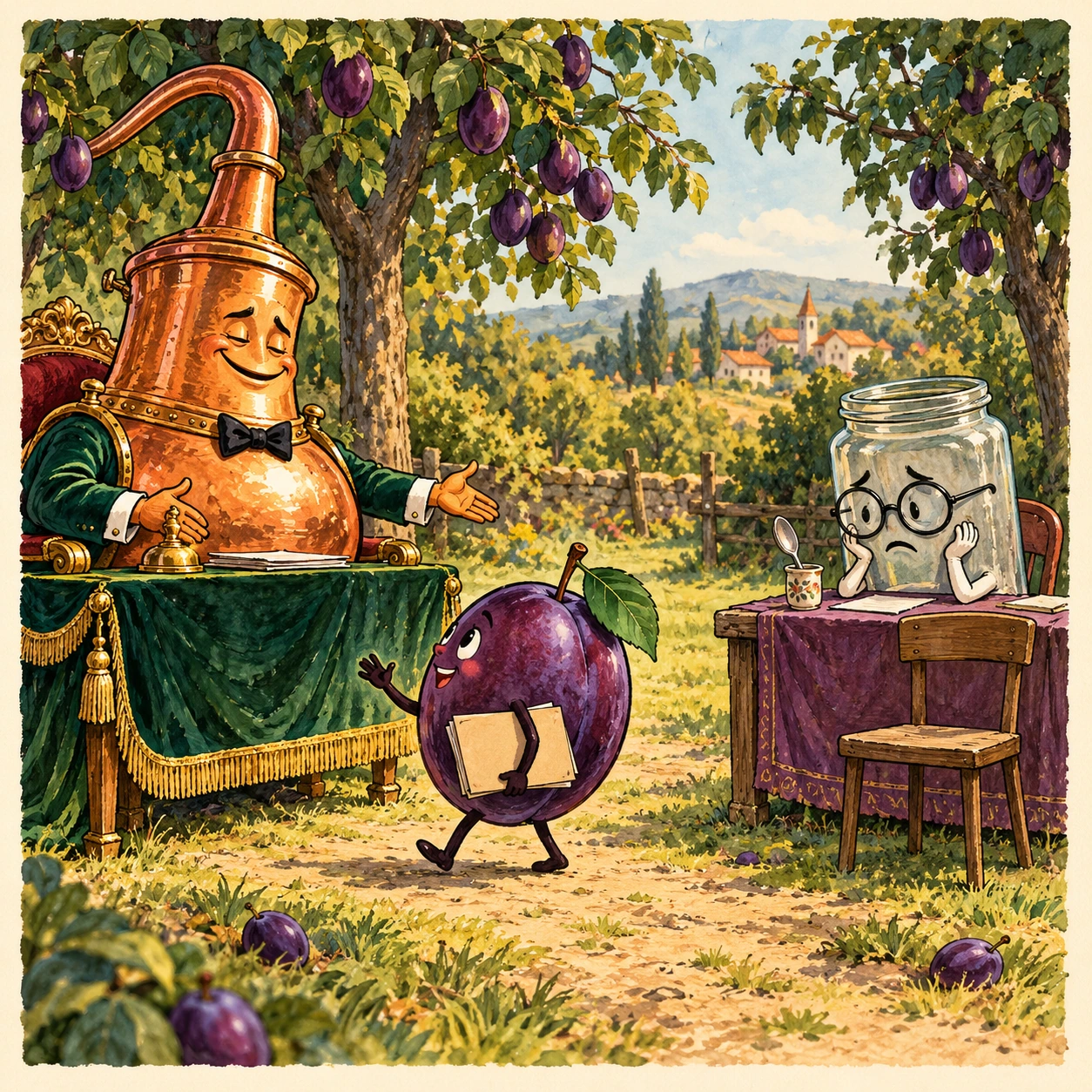 Ilustrație satirică: Pruna alege cazanul. Borcanul mai așteaptă la recrutare.