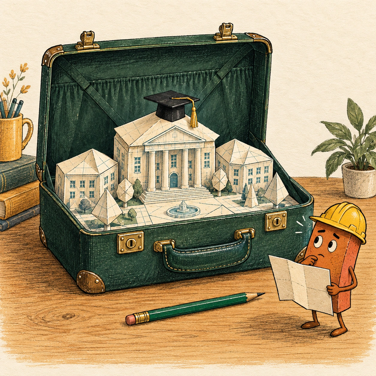 Ilustrație satirică: Campusul încape în valiză. Cărămida cere planul.