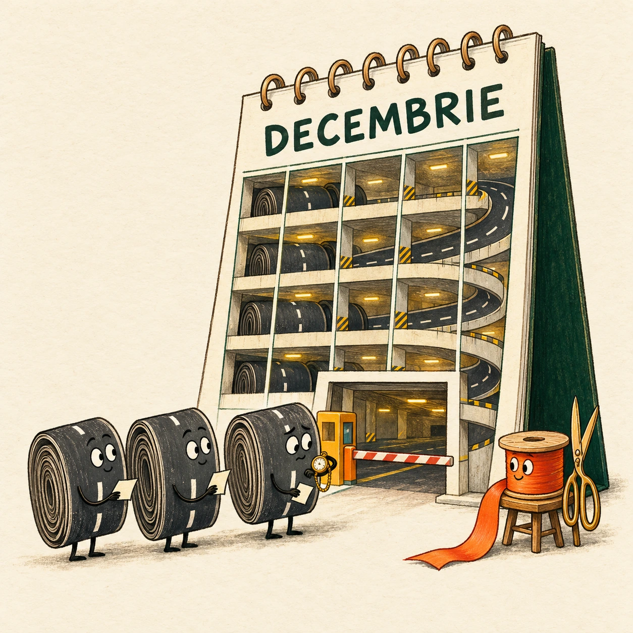 Ilustrație satirică: Kilometrii stau la coadă la decembrie.