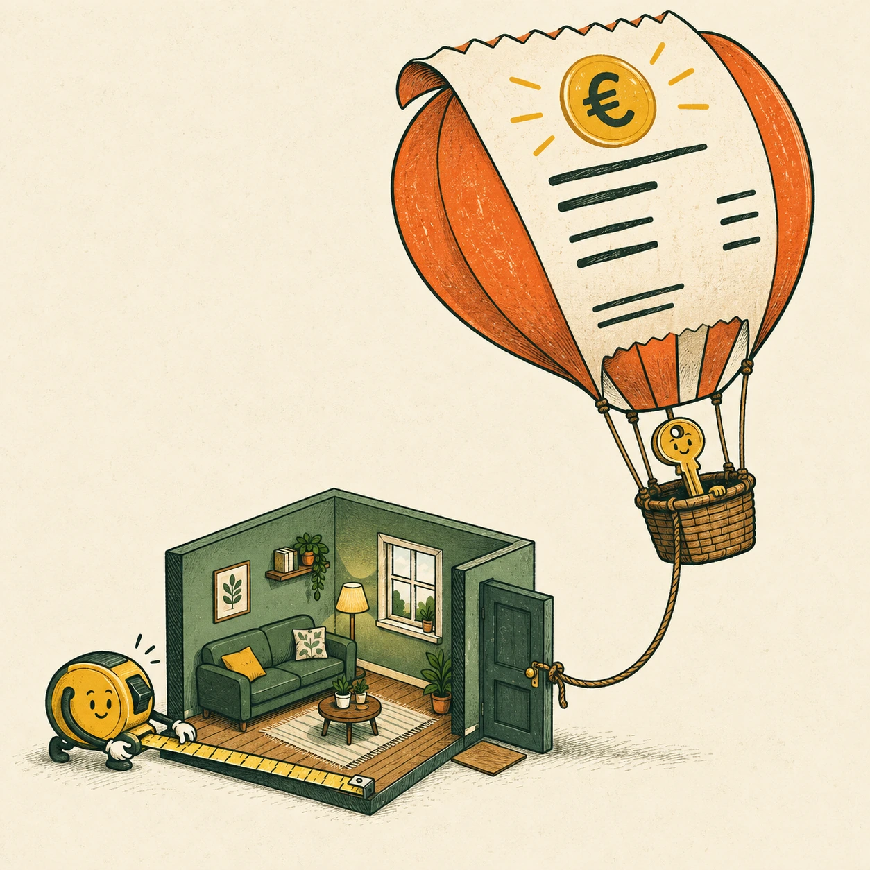 Ilustrație satirică: Chiria umflă balonul. Camera păstrează măsura.