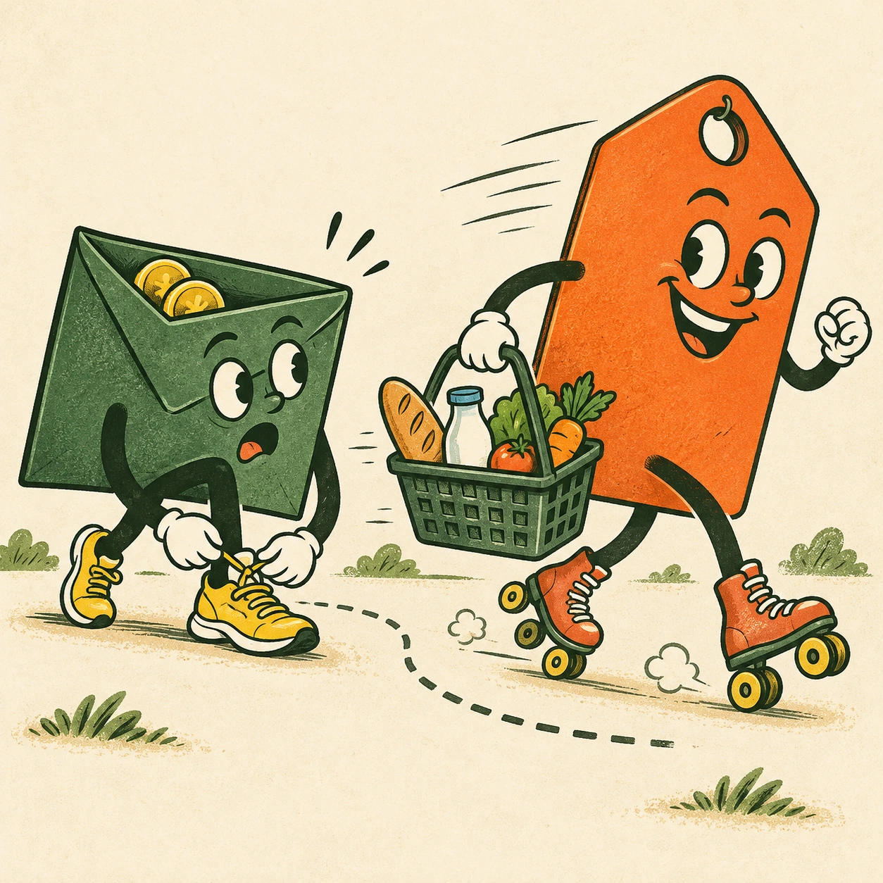 Ilustrație satirică: Salariul își leagă șireturile. Prețurile vin pe role.