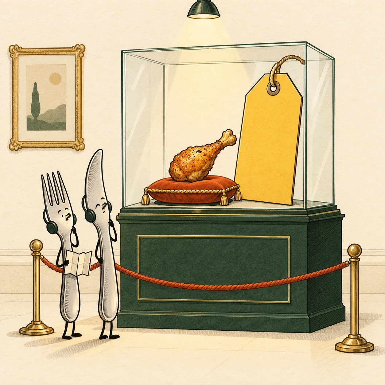 Ilustrație satirică: Friptura a intrat la muzeu. Eticheta ocupă vitrina.