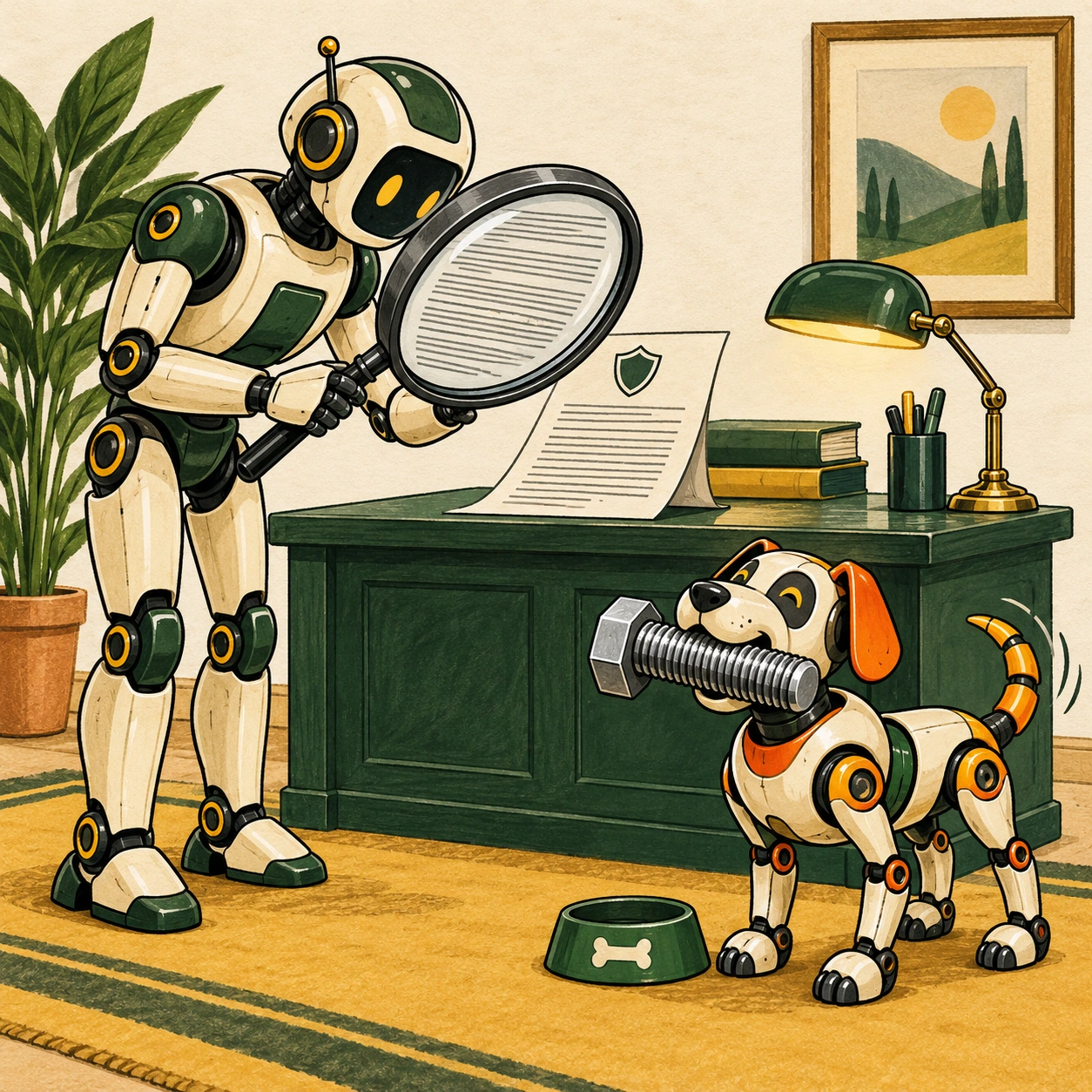 Ilustrație satirică: Câinele aduce șurubul. Robotul caută literele mici.