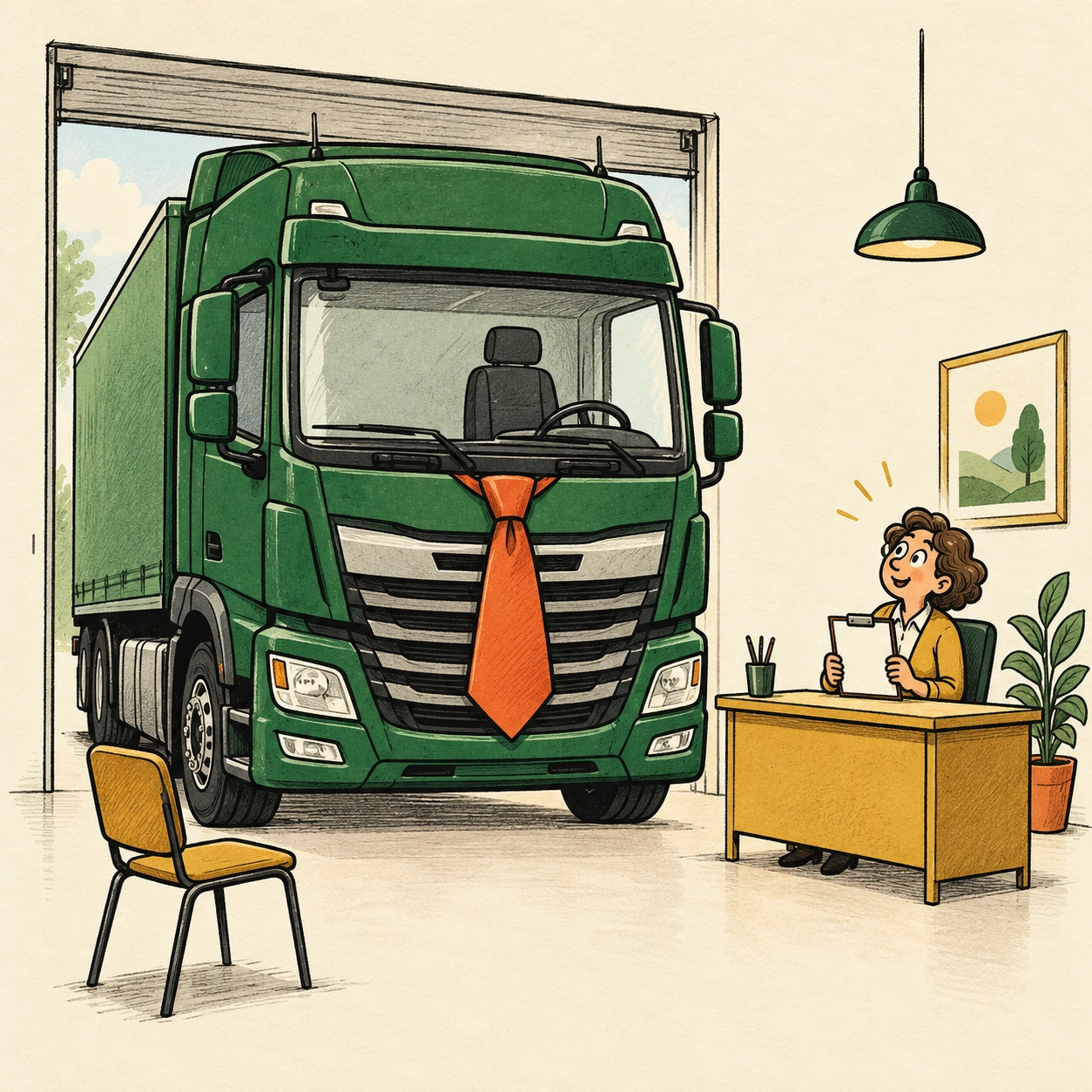 Ilustrație satirică: Camionul a venit la interviu. Șoferul încă se caută.