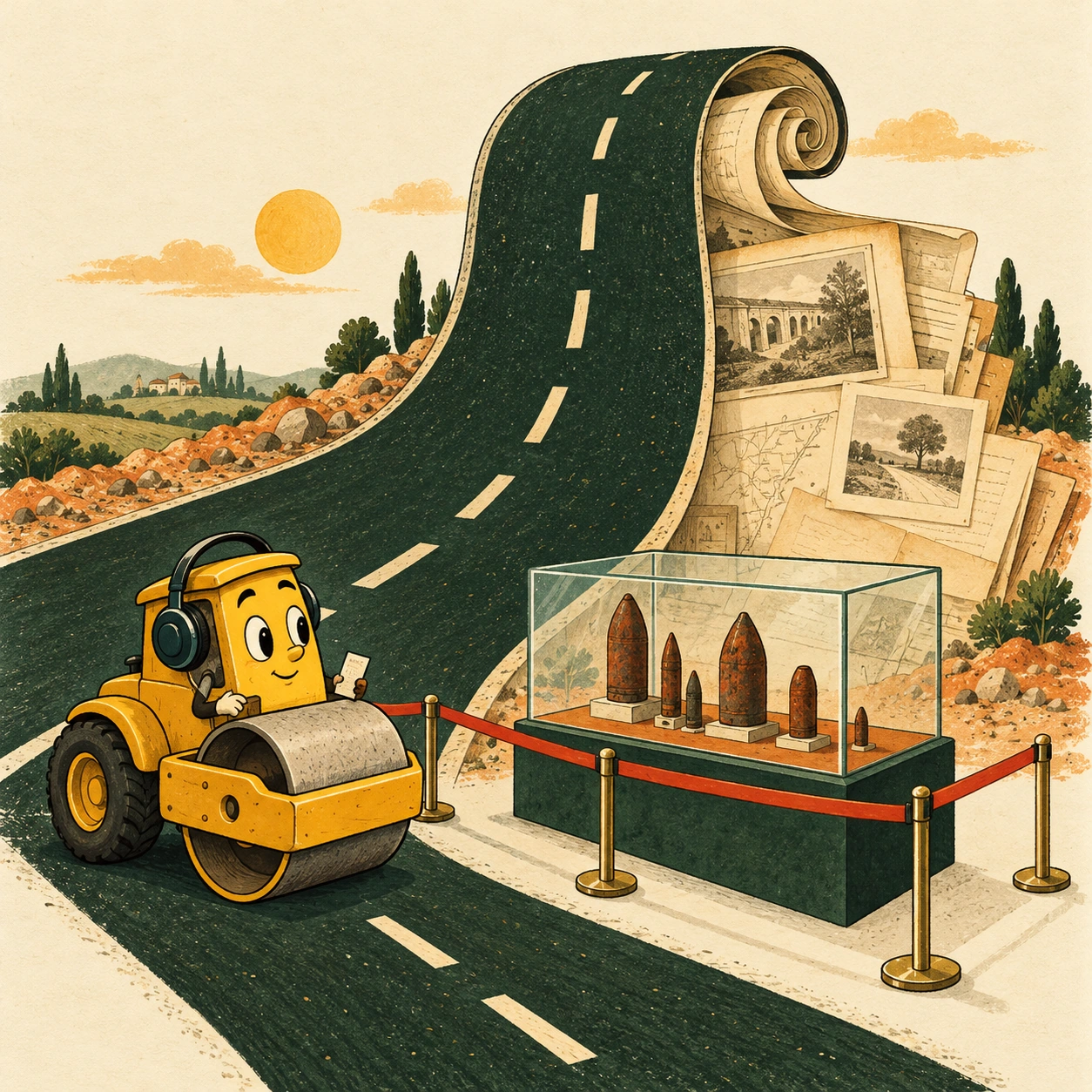 Ilustrație satirică: Șoseaua se lărgește. Arhiva se deschide.