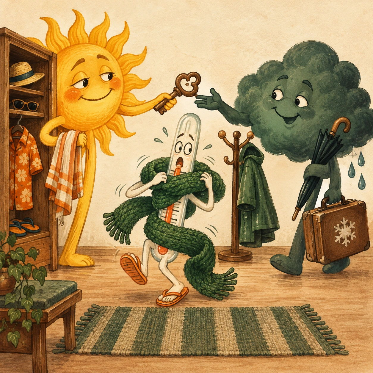 Ilustrație satirică: Soarele predă cheia. Termometrul încă poartă șlapi.