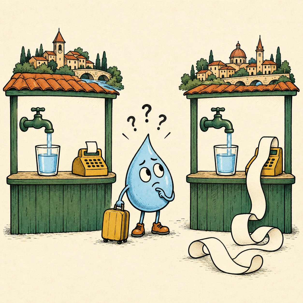Ilustrație satirică: Aceeași picătură. Alt cod poștal, alt bon.