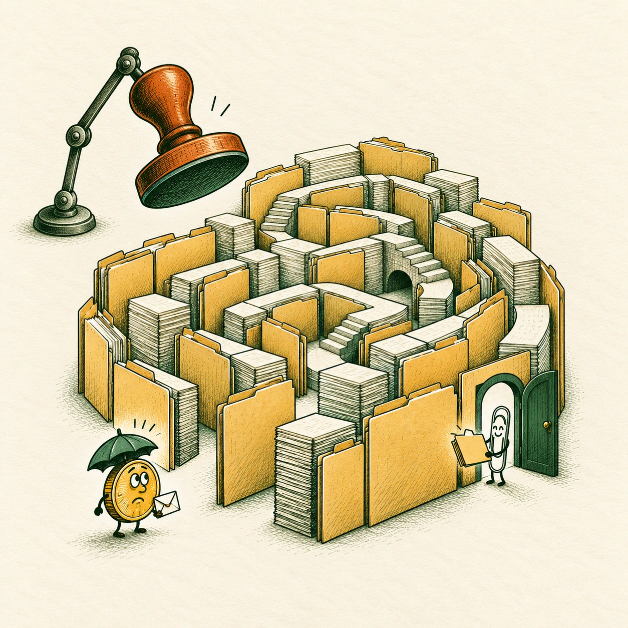 Ilustrație satirică: Scutit de impozit, taxat cu dosare.