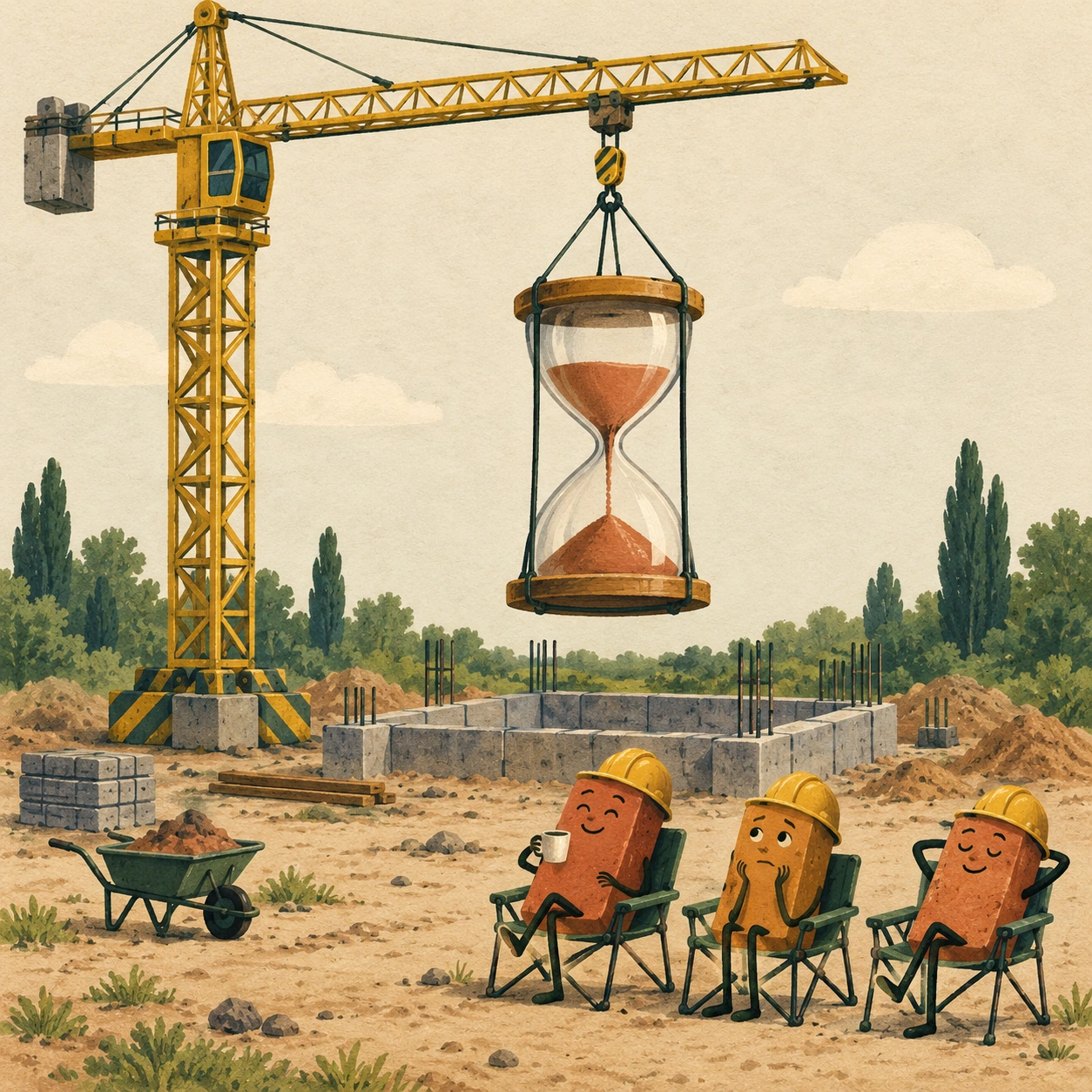 Ilustrație satirică: Macaraua ridică timpul de așteptare. Cărămizile iau loc.