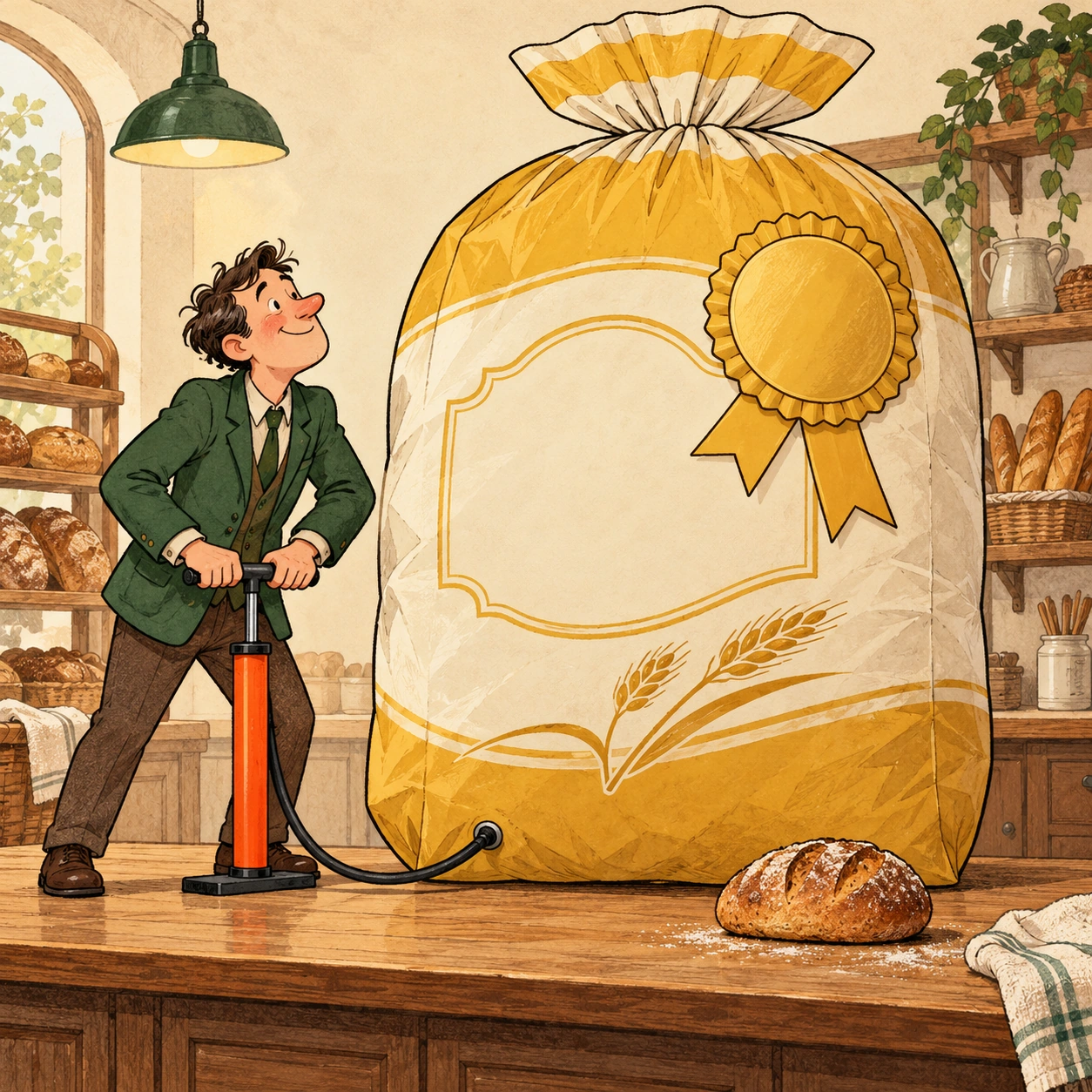 Ilustrație satirică: Eticheta a dospit. Pâinea încă așteaptă.